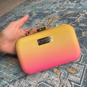 Escada Fiesta Carioca Vibrant Pink & Yellow Clutch Purse Hand bag w/ Gold Chain